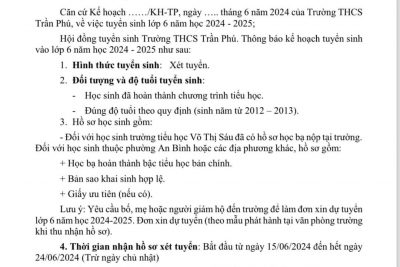Trường THCS Trần Phú thông báo tuyển sinh vào lớp 6 năm học 2024-2025