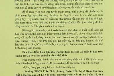 Thư kêu gọi quyên góp phương tiện học trực tuyến cho học sinh Trường THCS Trần Phú