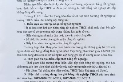 Thông báo về việc cho học sinh nhận bằng tốt nghiệp THCS năm học 2021-2022