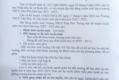 Trường THCS Trần Phú Thông báo tuyển sinh lớp 6 năm học 2022-2023